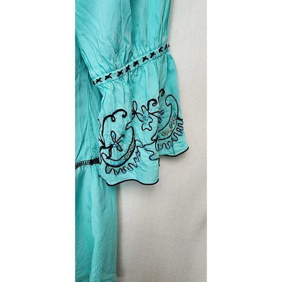Woman's Tunic Top Blouse Aqua Blue Krista Lee Tranquil Embroidery Beaded Hi-Lo - Picture 8 of 11